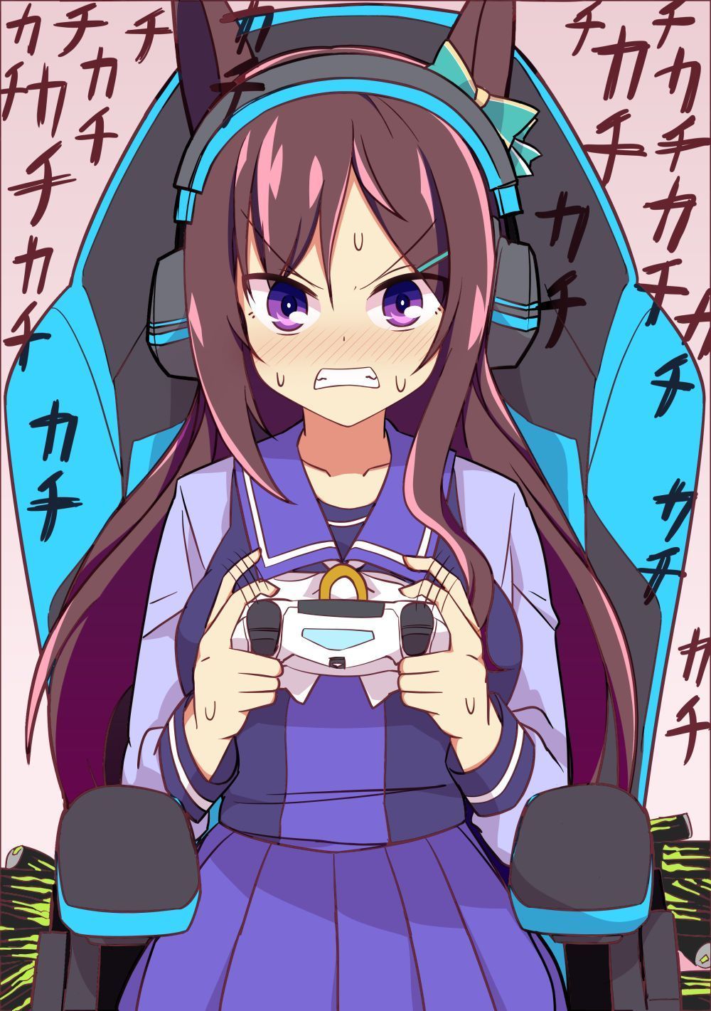 1girl angry animal_ears blush bow brown_hair can chair clenched_teeth closed_mouth commentary_request controller ear_bow energy_drink gaming_chair hair_ornament hairclip headset highres holding holding_controller horse_ears horse_girl long_hair looking_at_viewer mejiro_dober_(umamusume) motion_lines playing_games pleated_skirt purple_serafuku purple_shirt purple_skirt sailor_collar school_uniform serafuku shirt sitting skirt solo sweatdrop swivel_chair teeth tracen_school_uniform umamusume v-shaped_eyebrows violet_eyes wahiko_(black_bastard) white_bow