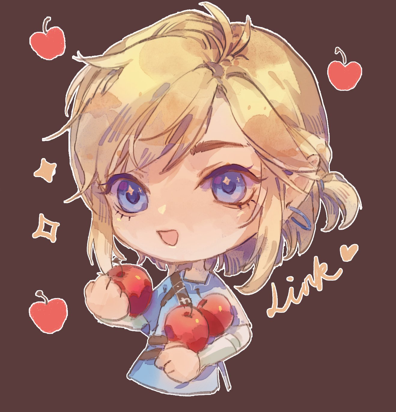 1boy antenna_hair apple belt belt_buckle blonde_hair blue_eyes blue_sleeves blue_tunic brown_background brown_belt buckle character_name chibi commentary earrings english_commentary eyelashes food fruit heart highres holding holding_food holding_fruit hoop_earrings jewelry layered_sleeves link long_sleeves male_focus multiple_belts one_side_up open_mouth outline pointy_ears short_hair short_over_long_sleeves short_sleeves simple_background single_strap smile solo sparkle sparkling_eyes the_legend_of_zelda the_legend_of_zelda:_breath_of_the_wild thick_eyebrows upper_body white_outline white_sleeves yanmian_(printemps-noir)