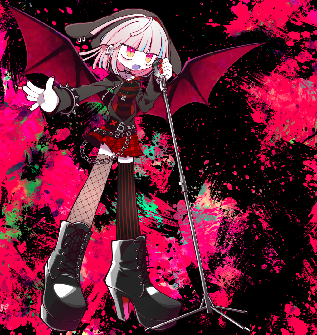 1girl animal_ears animal_hood bat_wings black_footwear blue_hair boots bracelet breasts collar colored_skin colored_tongue cross cross_necklace ear_piercing funamusea_(artist) holding holding_microphone_stand hood indie_utaite inochi_no_shomei_(luno) jewelry large_breasts luno_(utaite) microphone microphone_stand multicolored_eyes multicolored_hair music nail_polish necklace official_art open_mouth orange_eyes paint_splatter piercing pink_eyes pink_hair plaid plaid_skirt purple_tongue rabbit_ears rabbit_hood red_nails red_skirt singing skirt solo spiked_bracelet spikes splatter streaked_hair two-tone_hair white_skin wings