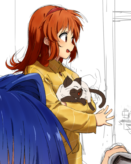 1girl animal brown_hair cat commentary cowboy_shot from_side hairband holding holding_animal holding_cat kanon long_sleeves looking_afar medium_hair mogege_gk open_mouth pajamas piro profile red_eyes red_hairband simple_background sketch smile solo standing tsukimiya_ayu white_background yellow_pajamas
