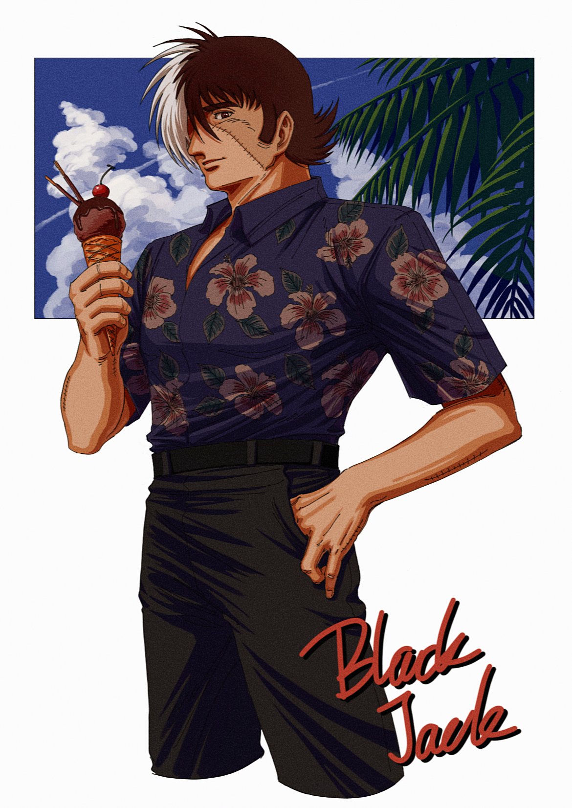 1boy adam's_apple belt black_belt black_hair black_jack_(character) black_jack_(series) black_pants blue_sky brown_eyes character_name cherry chocolate contrail cropped_legs food fruit hair_over_one_eye hawaiian_shirt highres holding_ice_cream_cone ice_cream_cone male_focus oldkin palm_tree pants parted_lips pocky shirt short_hair short_sleeves sideburns sky solo stitched_face stitches summer tree waffle_cone white_hair