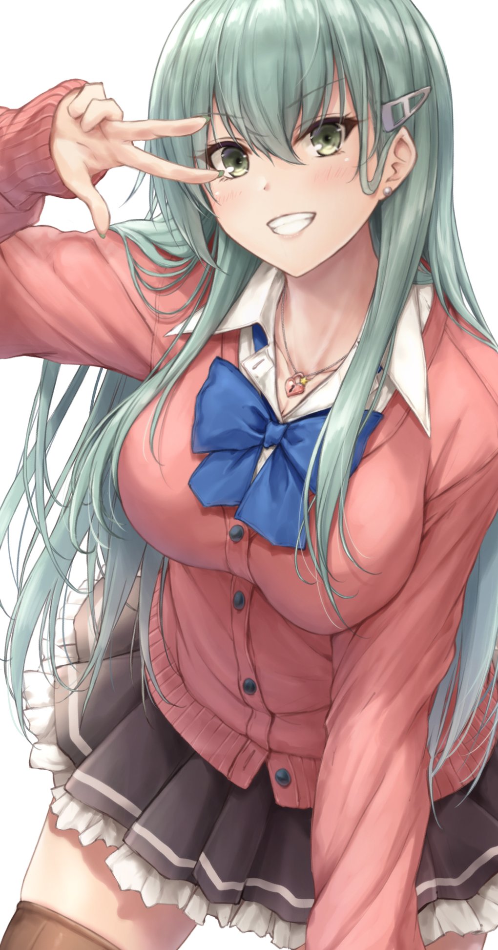 1girl aqua_hair black_skirt blue_bow blue_bowtie bow bowtie breasts brown_thighhighs cardigan collared_shirt dress_shirt frilled_skirt frills green_eyes grin hair_ornament hairclip heart_lock_(kantai_collection) highres jewelry kantai_collection large_breasts leaning_forward long_hair necklace official_alternate_costume pink_cardigan pleated_skirt school_uniform shirt simple_background skirt smile solo suien suzuya_(kancolle) thigh-highs v white_background white_shirt
