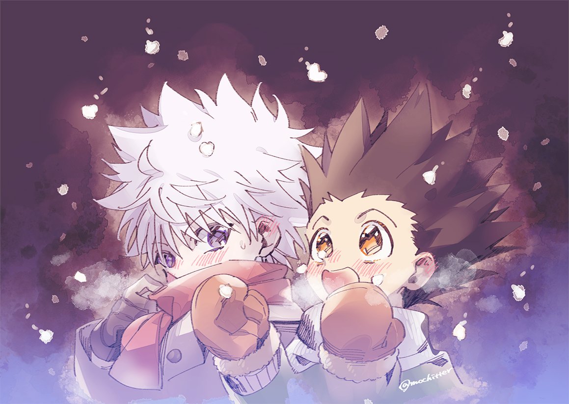 2boys artist_name black_gloves blush brown_eyes child commentary_request gloves happy hunter_x_hunter long_sleeves looking_at_another male_focus mochizuki_akari multiple_boys open_mouth red_gloves scarf simple_background snowing spiky_hair violet_eyes white_hair wide-eyed