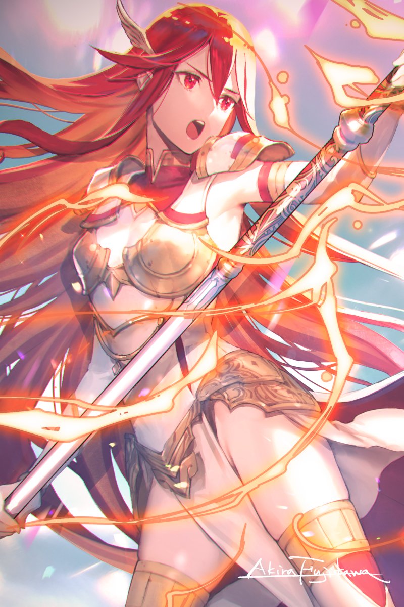 1girl alternate_costume armor artist_name cordelia_(fire_emblem) cosplay est_(fire_emblem) est_(fire_emblem)_(cosplay) fire_emblem fire_emblem_awakening fire_emblem_heroes fujikawa_arika gold_armor highres holding holding_polearm holding_weapon long_hair open_mouth polearm red_eyes redhead solo weapon