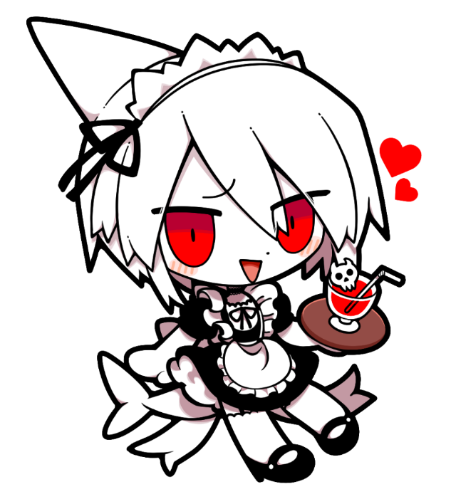 1boy ambiguous_red_liquid black_footwear black_ribbon blush bow chibi collar crossdressing cup drinking_straw fins fish_tail funamusea_(artist) hair_between_eyes heart holding holding_plate maid maid_headdress oounabara_to_wadanohara open_mouth plate red_eyes ribbon sandals shark_fin shark_tail skull solo syake_(wadanohara) tail thigh-highs white_bow white_hair white_thighhighs