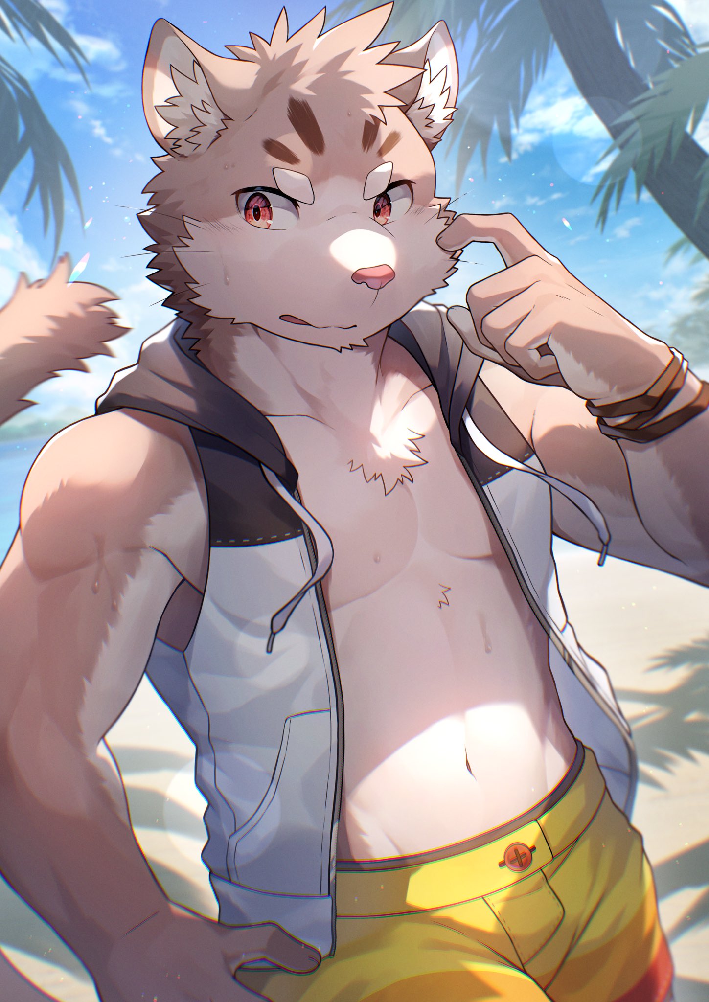 1boy animal_ears beach blue_sky cat_boy cat_ears cat_tail clouds cloudy_sky commentary_request furry furry_male highres hood hooded_jacket jacket looking_to_the_side male_focus palm_tree ponzu_tas sand scratching_cheek shorts sitri_(housamo) sky sleeveless sleeveless_jacket tail tokyo_afterschool_summoners tree yellow_shorts