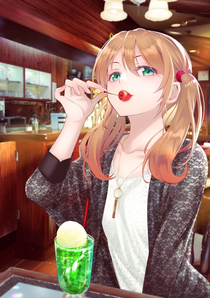 1girl breasts cherry coat collarbone cover cover_page eating floral_print food fruit green_eyes hair_tie ice_cream ice_cream_float indoors jewelry looking_at_viewer medium_hair megami_no_kafeterasu necklace official_art orange_hair overcoat seo_kouji shirt small_breasts smile solo tsukishima_riho twintails upper_body white_shirt