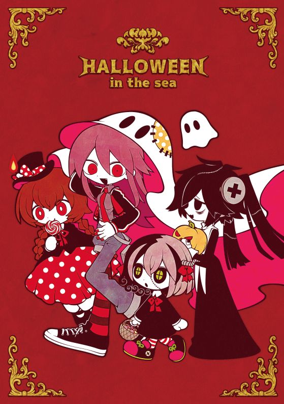 4girls bags_under_eyes basket black_dress black_eyes black_hair bow bowtie braid bright_pupils brown_hair candla_(funamusea) candy colored_skin cover cover_page crea_flankenstein dj_met dress english_text food funamusea funamusea_(artist) ghost ghost_costume green_pupils hair_ornament halloween hat holding holding_basket holding_candy holding_food holding_lollipop holding_pumpkin holding_vegetable jack-o'-lantern jacket kumori_(funamusea) lollipop long_hair multicolored_hair multiple_girls nail_polish neck_ribbon necktie official_art pink_hair polka_dot polka_dot_dress polka_dot_headwear pumpkin red_background red_bow red_eyes red_nails red_necktie red_ribbon redhead ribbon shoes short_hair striped striped_thighhighs sutare_yume thigh-highs vegetable white_pupils white_skin