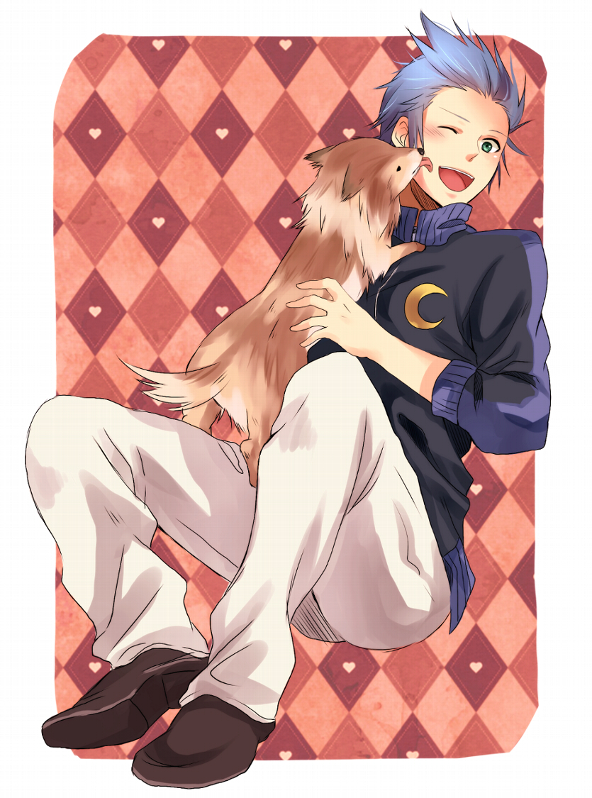 1boy animal animal_on_chest animal_on_lap argyle argyle_background black_jacket blue_hair blush brown_footwear commentary_request crescent dog full_body green_eyes heart high_collar holding holding_animal isa_(kingdom_hearts) jacket kingdom_hearts kingdom_hearts_birth_by_sleep leaning_back licking licking_another's_cheek licking_another's_face male_focus minatoya_mozuku on_lap one_eye_closed open_mouth pants patterned_background pink_background shoes sitting smile solid_circle_eyes solo spiky_hair white_pants