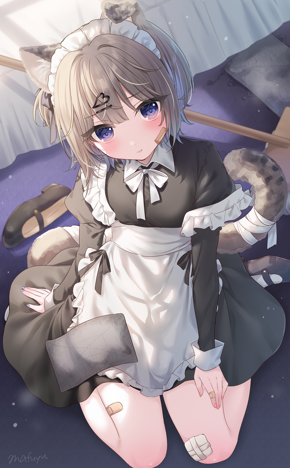 1girl :t animal_ear_fluff animal_ears apron bandaid bandaid_on_leg black_dress black_footwear blue_nails blush bow cat_ears cat_girl cat_tail closed_mouth collared_dress commentary_request dress frilled_apron frills from_above hair_ornament hairclip heart heart_hair_ornament highres juliet_sleeves long_sleeves looking_at_viewer looking_up mafuyu_(chibi21) maid maid_headdress multicolored_nails nail_polish on_floor original pink_nails pout puffy_sleeves shoes signature socks solo strap_slip tail violet_eyes water white_apron white_bow white_socks
