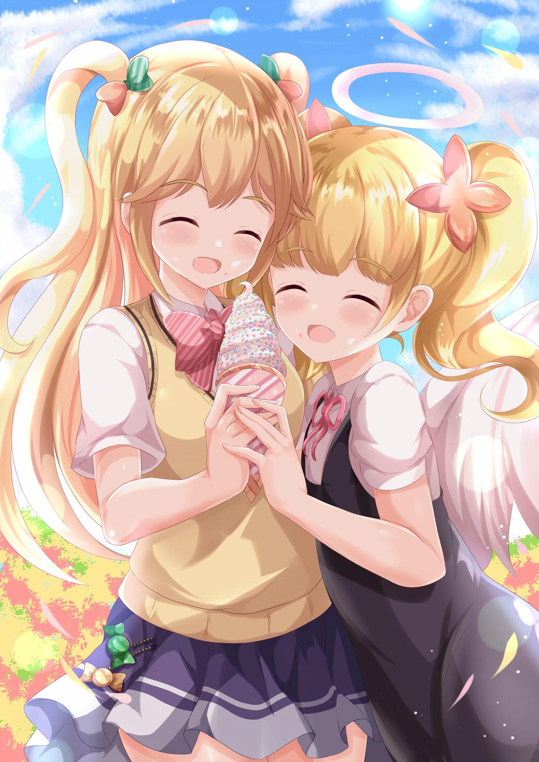 2girls :d ^_^ black_dress blue_skirt blue_sky blush closed_eyes clouds cloudy_sky collared_shirt commentary_request commission crossover day dress feathered_wings flower food fujisawa_yuzu hair_flower hair_ornament halo highres holding holding_food ice_cream ice_cream_cone long_hair multiple_girls ongeki outdoors pink_flower poet_(pop'n_music) pop'n_music puffy_short_sleeves puffy_sleeves shirt short_sleeves skeb_commission skirt sky sleeveless sleeveless_dress smile soft_serve sweater_vest twintails two_side_up very_long_hair white_shirt white_wings wings xenon_(for_achieve)