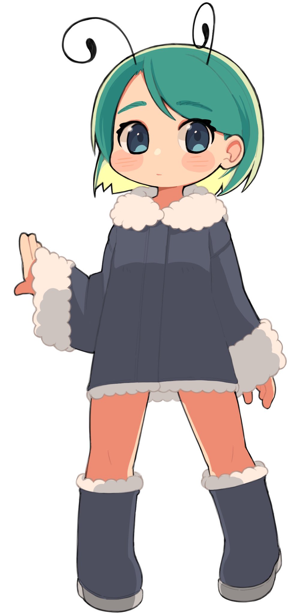 1girl alternate_costume antennae blue_eyes blush boots closed_mouth coat commentary expressionless flat_chest full_body fur-trimmed_boots fur_coat fur_trim green_hair grey_background grey_coat highres long_sleeves looking_at_viewer medium_bangs short_hair simple_background solo standing swept_bangs touhou ugif white_background wriggle_nightbug