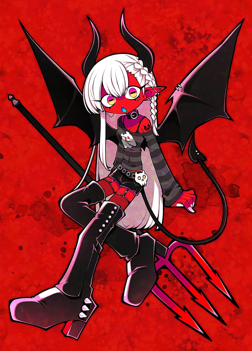 1girl arm_tattoo black_bra blue_tongue boots bra bra_strap braid cheek_piercing collar colored_skin colored_tongue demon_girl demon_horns demon_tail demon_wings ear_piercing earrings funamusea_(artist) grey_shirt heart heart_tattoo holding_trident horns jewelry nail_polish off-shoulder_shirt off_shoulder open_mouth orange_eyes original piercing pointy_ears polearm red_background red_skin shirt shorts skull solo striped striped_shirt tail tattoo trident underwear weapon white_hair white_nails wings