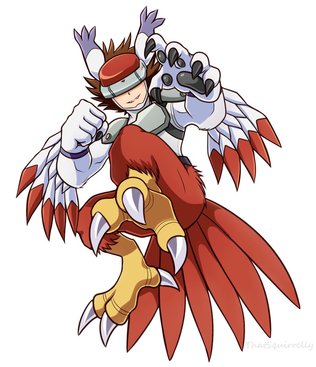 1boy animal_ears artist_name belt bird_legs bird_tail black_belt bodysuit brown_hair cat_ears chest_guard claws clenched_hand closed_mouth commentary covered_eyes digimon digimon_(creature) fangs fangs_out feathered_wings full_body head-mounted_display highres isso_(thatsquirrelly) male_focus medium_hair oversized_limbs pawpads shoulder_pads silphymon simple_background solo tail talons white_background white_bodysuit winged_arms wings