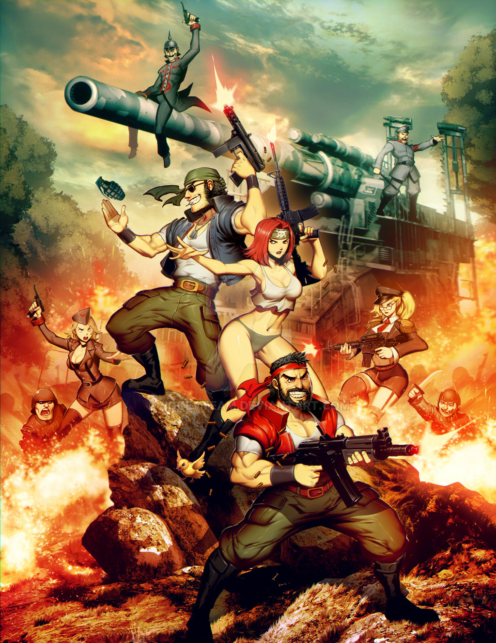 3girls 5boys aiming angry assault_rifle bandana battle beard bikini blonde_hair boots breasts camouflage cannon character_request clenched_teeth clouds cover explosive facial_hair fire firing genzoman germany glasses grenade grin gun handgun hat helmet highres jolly_roger knife kraut_busters long_hair manly mercenary military military_uniform multiple_boys multiple_girls mustache necktie neo_geo officer official_art outdoors promotional_art redhead rifle rock short_hair shouting smile soldier submachine_gun sunglasses swimsuit tank_top teeth torn_clothes uniform vest video_game_cover weapon