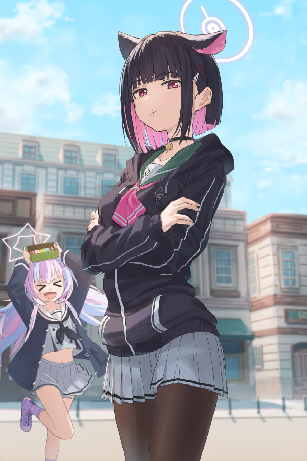 &gt;_&lt; 2girls :d annoyed black_hair black_jacket black_pantyhose blue_archive blue_hair blue_jacket commentary crossed_arms excited from_below grey_skirt highres jacket kamo_ashi kazusa_(blue_archive) looking_at_viewer multicolored_hair multiple_girls pantyhose pink_hair red_eyes reisa_(blue_archive) skirt smile streaked_hair two-tone_hair xd