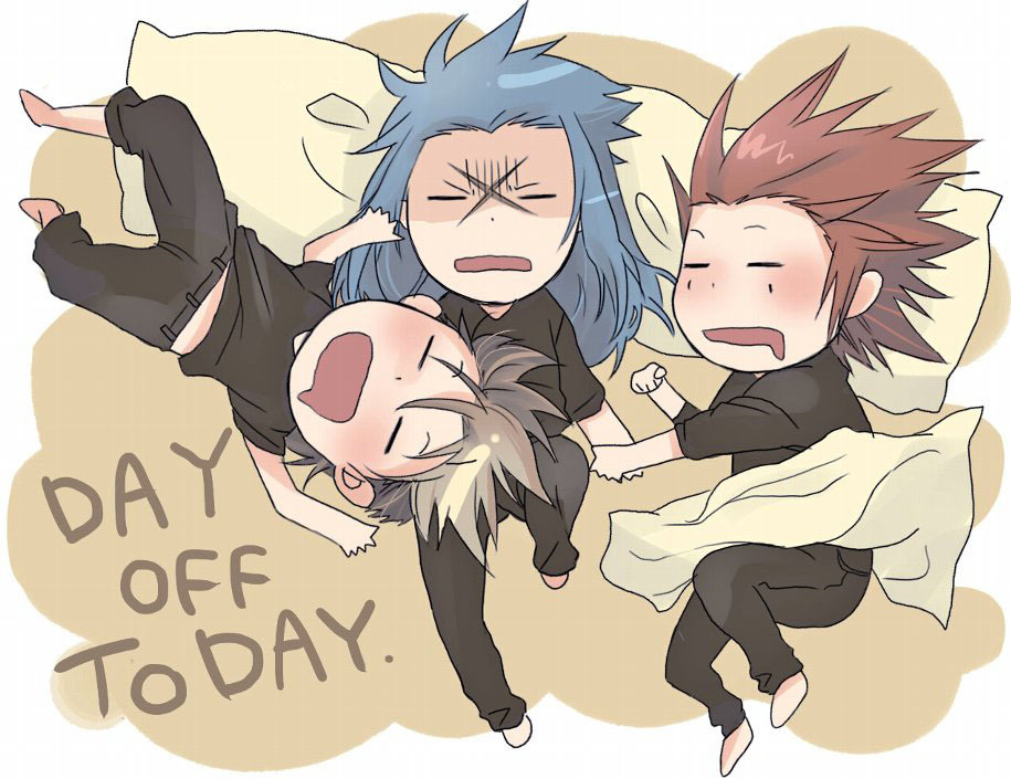 3boys angry annoyed arms_up axel_(kingdom_hearts) barefoot black_pants black_shirt blanket blue_hair brown_hair chibi closed_eyes commentary_request cross_scar demyx dot_nose english_text full_body furrowed_brow head_on_pillow holding_hands kingdom_hearts kingdom_hearts_358/2_days kingdom_hearts_ii knee_up long_hair lying male_focus midriff_peek minatoya_mozuku multiple_boys on_back on_side open_mouth orange_background organization_xiii pants pillow redhead saix saliva scar scar_on_face shirt short_hair sleeping spiky_hair under_covers v-neck