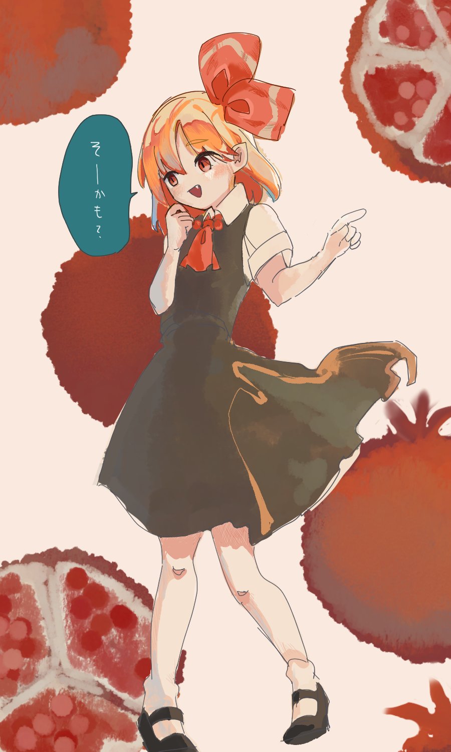 1girl ascot black_skirt black_vest blonde_hair blush bow collared_shirt dialogue_box fang food fruit hair_bow hand_up highres mary_janes open_mouth pigeon-toed pointing pomegranate red_ascot red_bow red_eyes rumia shirt shoes short_hair short_sleeves skirt smile socks touco_to touhou translation_request vest white_shirt white_socks