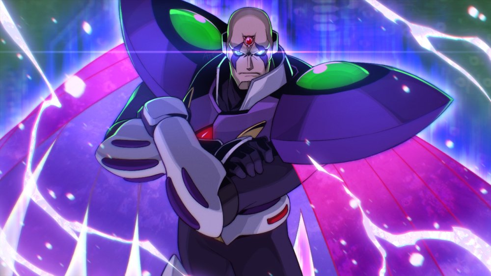 1boy android bald commentary_request crossed_arms degarashi_(ponkotsu) frown glowing glowing_eyes looking_at_viewer male_focus mega_man_(series) mega_man_x5 mega_man_x_(series) official_alternate_costume shoulder_pads sigma_(mega_man) solo
