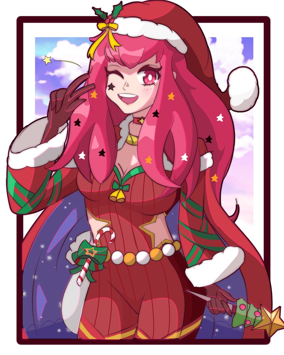 blue_cape bodysuit cape christmas facial_mark fire_emblem fire_emblem_engage fire_emblem_heroes hair_ornament hat highres holly holly_hair_ornament hoshinokotta ice_pick multicolored_cape multicolored_clothes official_alternate_costume red_bodysuit red_cape sack santa_hat solo star_(symbol) star_facial_mark star_hair_ornament star_print two-tone_cape yunaka_(fire_emblem) yunaka_(fire_emblem)_(spirited_envoy)