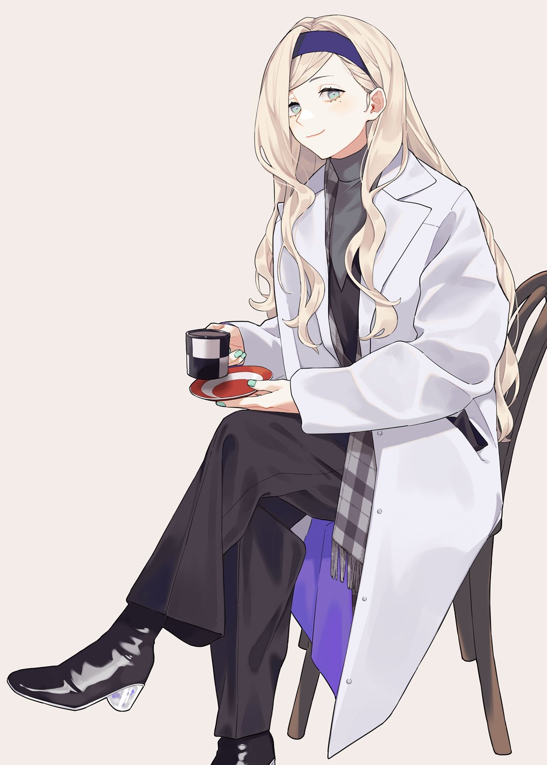 1girl aqua_eyes black_footwear blonde_hair blue_hairband boots chair coat crossed_legs cup hairband high_heel_boots high_heels highres holding holding_cup holding_saucer ichiroku_(sakumogu-029) kantai_collection long_hair long_sleeves looking_at_viewer mole mole_under_eye mug nail_polish official_alternate_costume open_clothes open_coat pants richelieu_(kancolle) saucer simple_background sitting solo sweater turtleneck turtleneck_sweater