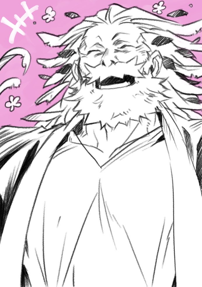 1boy beard closed_eyes commentary_request facial_hair fate/grand_order fate_(series) flower happy_aura hatching_(texture) laughing linear_hatching male_focus monochrome old old_man open_mouth pink_background ptolemy_(fate) ryuuki_garyuu wrinkled_skin