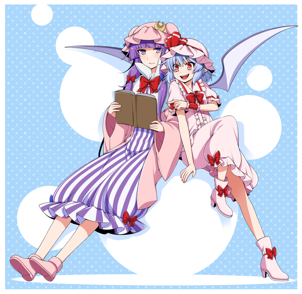 2girls bat_wings blue_hair book bow crescent crescent_hat_ornament dress eichi_yuu footwear_bow hat hat_ornament hat_ribbon holding holding_book long_hair mob_cap multiple_girls patchouli_knowledge pink_footwear pink_headwear pink_shirt pink_skirt puffy_short_sleeves puffy_sleeves purple_hair red_bow red_eyes red_ribbon remilia_scarlet ribbon shirt shirt_bow short_sleeves skirt striped striped_dress touhou vertical-striped_dress vertical_stripes violet_eyes wings