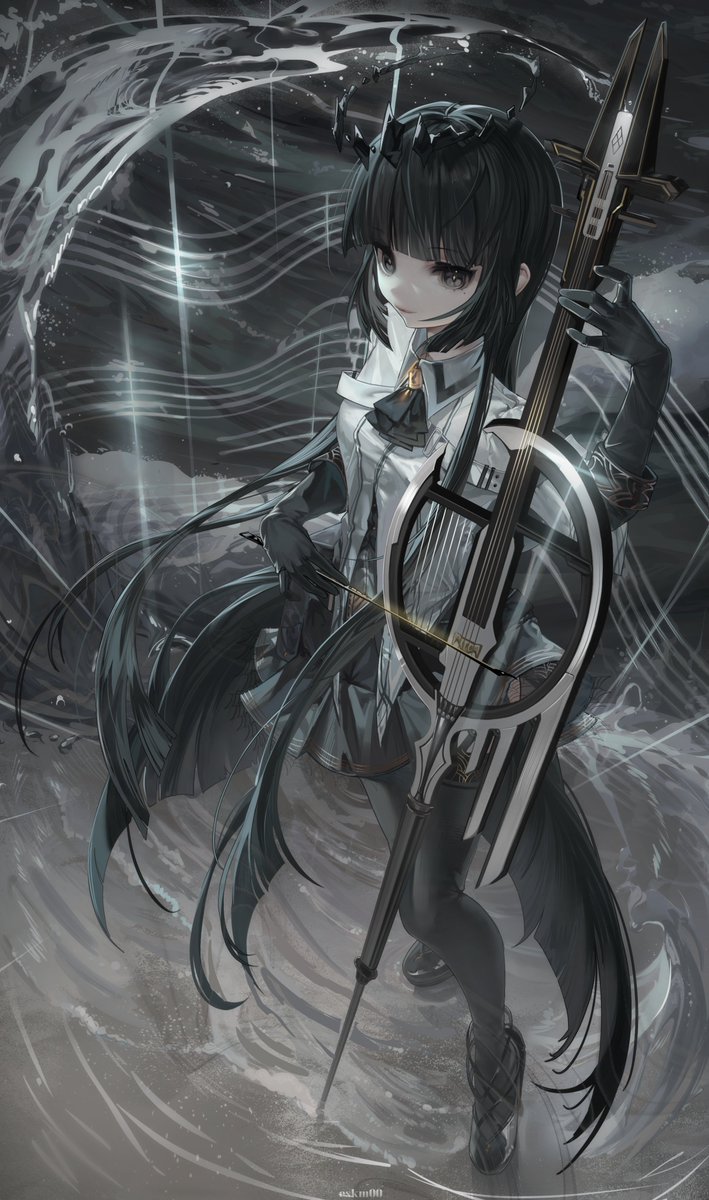 1girl arknights artist_name black_eyes black_footwear black_gloves black_hair black_skirt black_thighhighs blunt_ends bow_(music) breasts closed_mouth collared_jacket eskm00 full_body glint gloves halo high_heels highres holding holding_instrument instrument jacket long_hair looking_at_viewer music outdoors playing_instrument rain sidelocks skirt small_breasts solo staff_(music) standing thigh-highs very_long_hair virtuosa_(arknights) water white_jacket