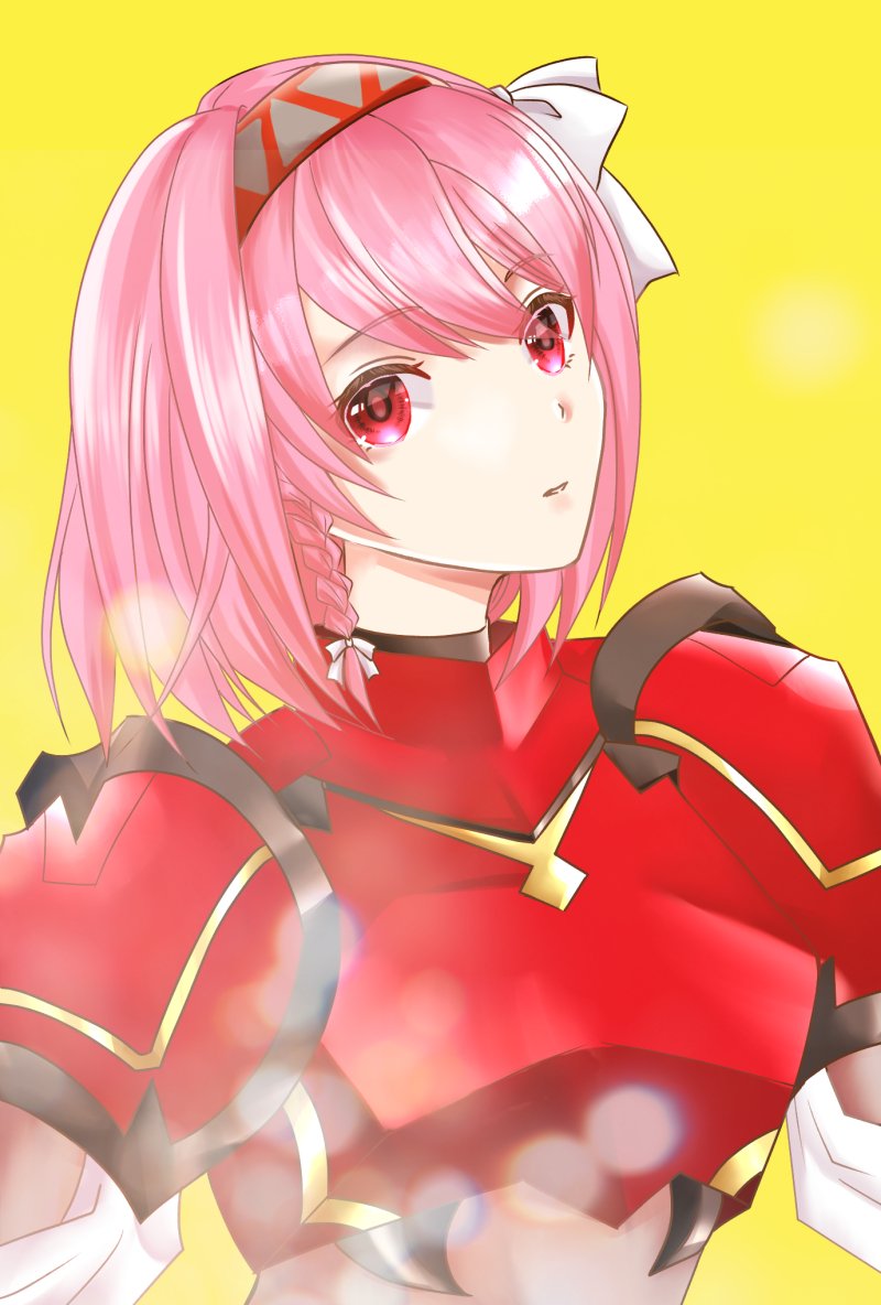 1girl armor braid breastplate cape carpet fire_emblem fire_emblem_engage grey_hairband hairband lapis_(fire_emblem) looking_at_viewer pink_eyes pink_hair red_armor red_cape red_eyes red_hairband ribbon side_braid simple_background solo sylphy_fe two-tone_hairband upper_body white_ribbon yellow_background