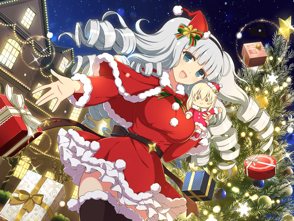 box breasts christmas christmas_ornaments christmas_tree doll dress drill_hair gift gift_box ginrei_(senran_kagura) green_eyes grey_hair hairband hat holding holding_doll house large_breasts leo_(senran_kagura) long_hair night night_sky non-web_source official_art open_mouth outstretched_hand santa_dress santa_hat senran_kagura senran_kagura_new_link sky smile star_(symbol) thigh-highs