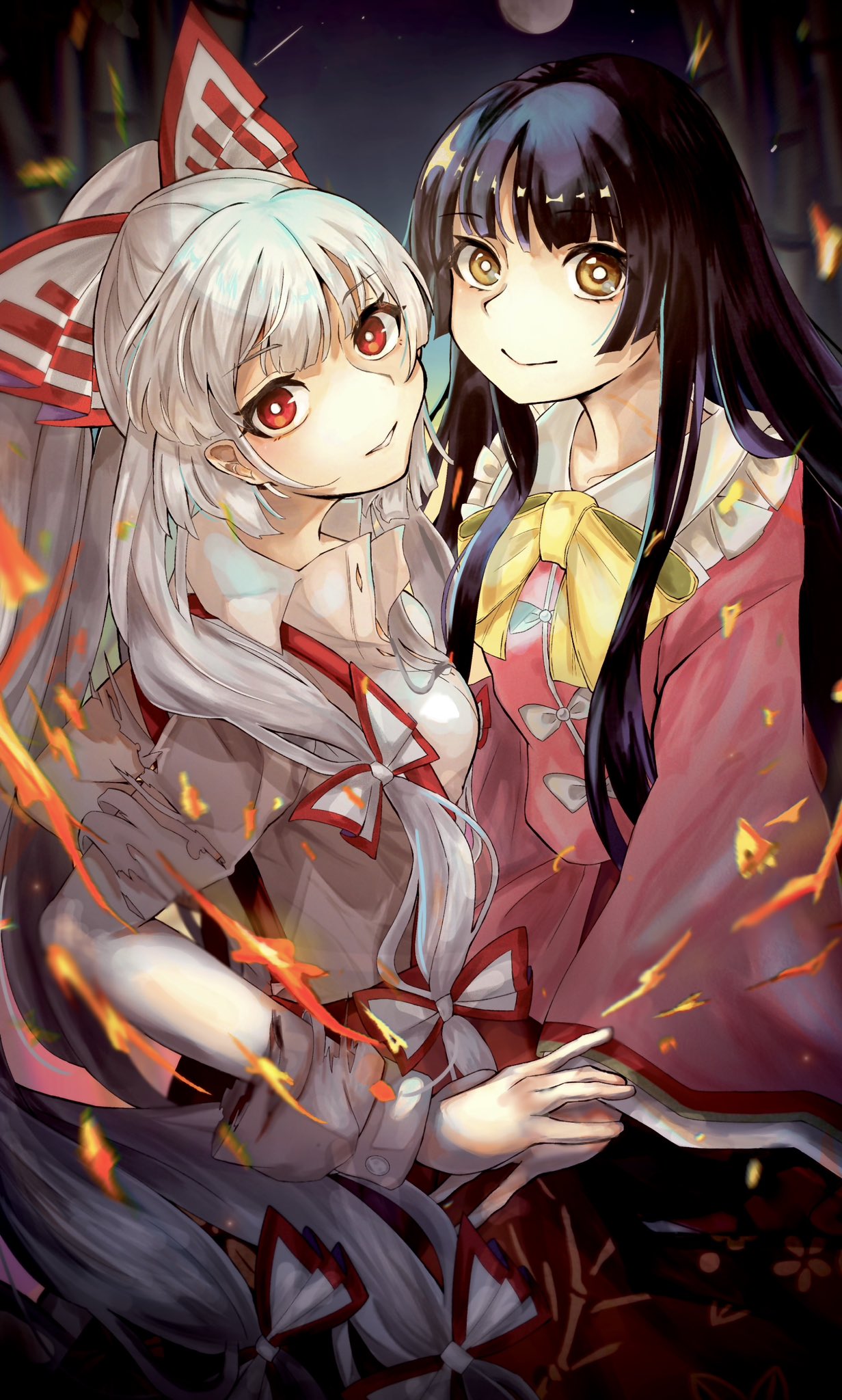 2girls airis0327 bamboo bamboo_forest bamboo_print black_hair blunt_bangs bow bow_button bowtie closed_mouth collar collared_shirt commentary_request cowboy_shot floral_print forest frilled_shirt_collar frills fujiwara_no_mokou full_moon hair_bow hand_on_hand highres hime_cut houraisan_kaguya long_hair long_sleeves looking_at_viewer moon multiple_girls multiple_hair_bows nature night night_sky outdoors pants parted_lips pink_shirt pink_sleeves red_eyes red_pants red_skirt red_trim shirt sidelocks skirt sky smile star_(sky) starry_sky straight_hair suspenders touhou very_long_hair white_bow white_collar white_shirt wide_sleeves yellow_bow yellow_bowtie yellow_eyes