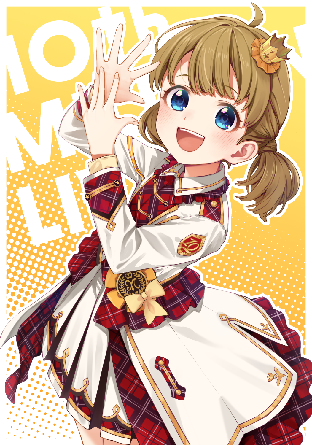 1girl :d ahoge aishima_marota blue_eyes blush brown_hair center-flap_bangs commentary_request crown double-parted_bangs dress fingernails hands_up highres idolmaster idolmaster_million_live! jacket long_sleeves looking_at_viewer low_twintails mini_crown open_mouth pleated_skirt re_prologue_x_(idolmaster) short_hair skirt smile solo suou_momoko twintails white_dress white_jacket white_skirt
