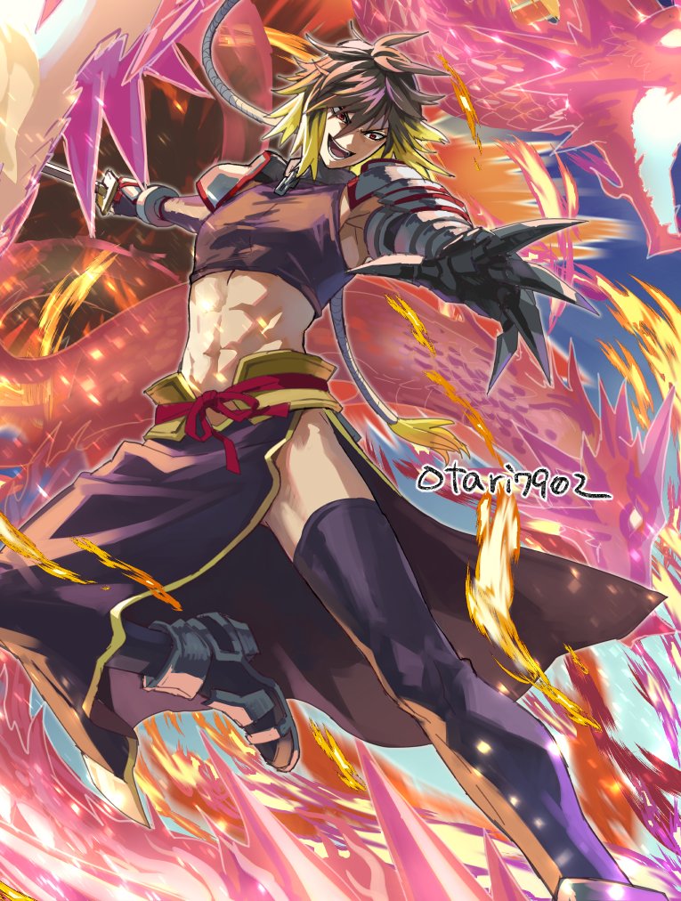 1boy abs albel_nox blonde_hair boots brown_hair cropped_shirt dragon fire gauntlets gloves incoming_attack indesign male_focus midriff multicolored_hair open_mouth pyrokinesis red_eyes short_hair short_hair_with_long_locks smile solo star_ocean star_ocean_till_the_end_of_time sword thigh-highs twitter_username two-tone_hair weapon