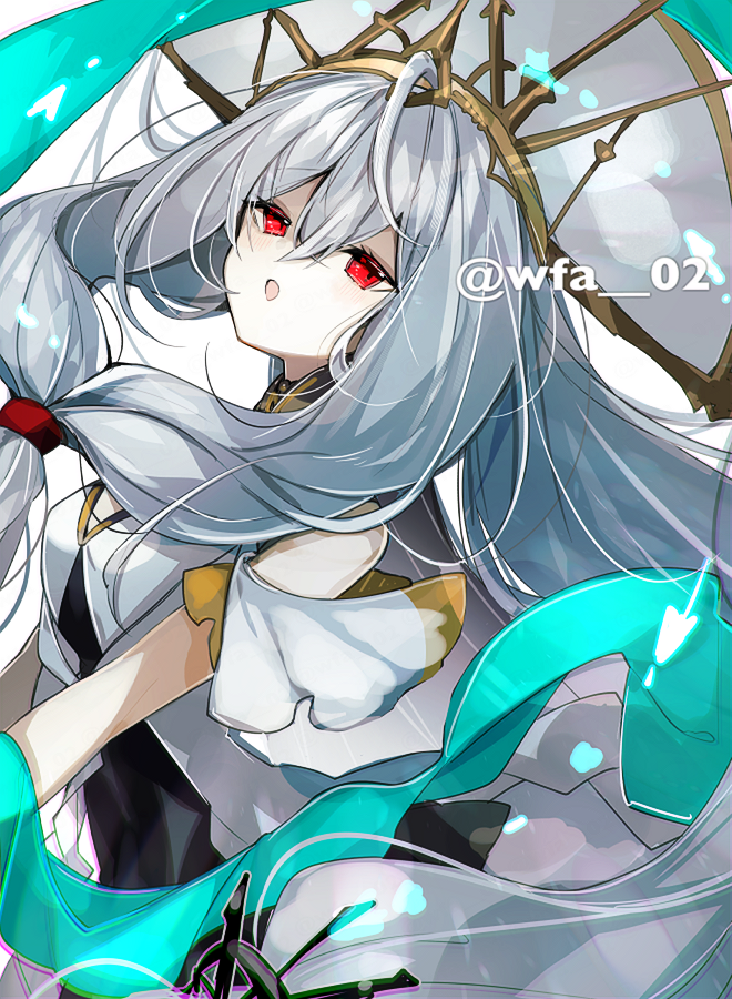 1girl arknights artist_name bare_shoulders commentary_request front_ponytail grey_hair hair_between_eyes itsuki_02 long_hair looking_at_viewer official_alternate_costume open_mouth red_eyes skadi_(arknights) skadi_the_corrupting_heart_(arknights) skadi_the_corrupting_heart_(sublimation)_(arknights) solo twitter_username very_long_hair