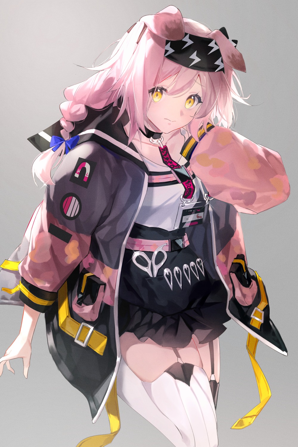 1girl arknights black_jacket black_skirt blue_bow blue_jacket blush bow braid garter_straps goldenglow_(arknights) hair_between_eyes hair_bow hairband hand_up high-waist_skirt highres id_card jacket lanyard lightning_bolt_print long_hair long_sleeves looking_at_viewer multicolored_clothes multicolored_jacket open_clothes open_jacket pink_hair pink_jacket print_bow print_hairband scissors shirt shirt_tucked_in skirt solo thigh-highs white_shirt white_thighhighs xiaotianxia yellow_eyes