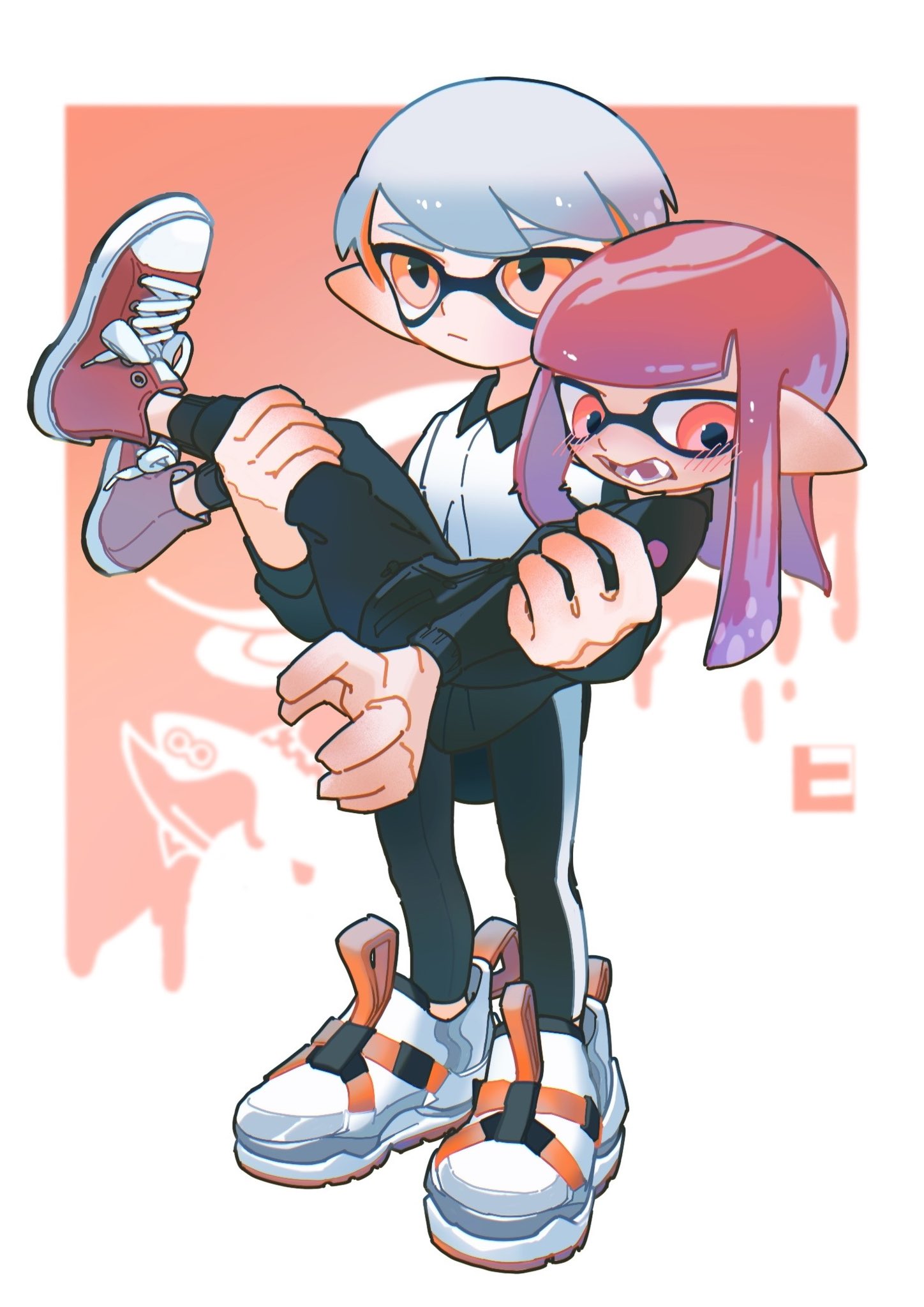 1boy 1girl black_leggings blush border carrying carrying_person closed_mouth commentary_request full_body highres hiko0v0 inkling inkling_boy inkling_girl leggings long_hair pointy_ears red_background red_eyes redhead shoes short_hair sneakers splatoon_(series) standing two-tone_background white_background white_border white_footwear white_hair yellow_eyes