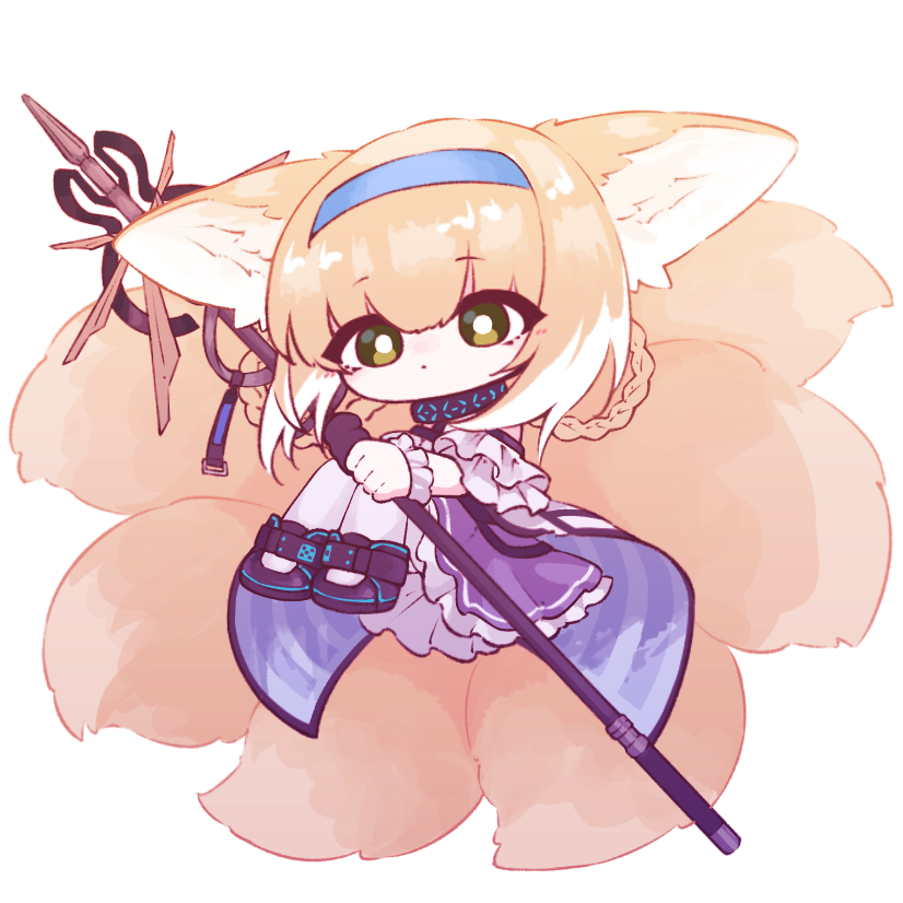 1girl animal_ears arknights black_collar black_gloves blonde_hair blue_hairband braid braided_hair_rings chibi closed_mouth collar colored_tips commentary dot_mouth dress fox_ears fox_girl fox_tail gloves green_eyes hair_rings hairband holding holding_staff infection_monitor_(arknights) kitsune kyuubi multicolored_hair multiple_tails nazo_no_hana pantyhose purple_dress simple_background single_glove solo staff suzuran_(arknights) tail twin_braids white_background white_hair white_pantyhose