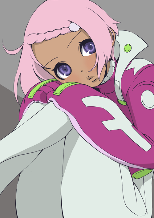 1girl ahoge aqua_hair armor ass blue_eyes blunt_bangs bodysuit bow braid breastplate butterfly_hair_ornament claws closed_mouth dark-skinned_female dark_skin elena_peoples eureka_seven_(series) eureka_seven_ao fleur_blanc french_braid from_side gloves hair_ornament hairclip half_updo legs looking_at_viewer o_o pilot_suit short_hair simple_background solo steepled_fingers swept_bangs tacos_(tacoage) turtleneck violet_eyes