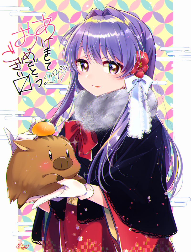 1girl 2019 alternate_costume animal black_capelet blush botan_(clannad) bow capelet clannad closed_mouth commentary_request cowboy_shot dated flower fujibayashi_kyou gloves grey_scarf hair_between_eyes hair_bow hair_flower hair_intakes hair_ornament hair_ribbon happy_new_year holding holding_animal jamu japanese_clothes kimono lips long_hair looking_at_viewer multicolored_background nengajou new_year purple_hair red_bow red_flower red_kimono ribbon scarf signature simple_background smile solo standing straight_hair violet_eyes white_bow white_gloves white_ribbon