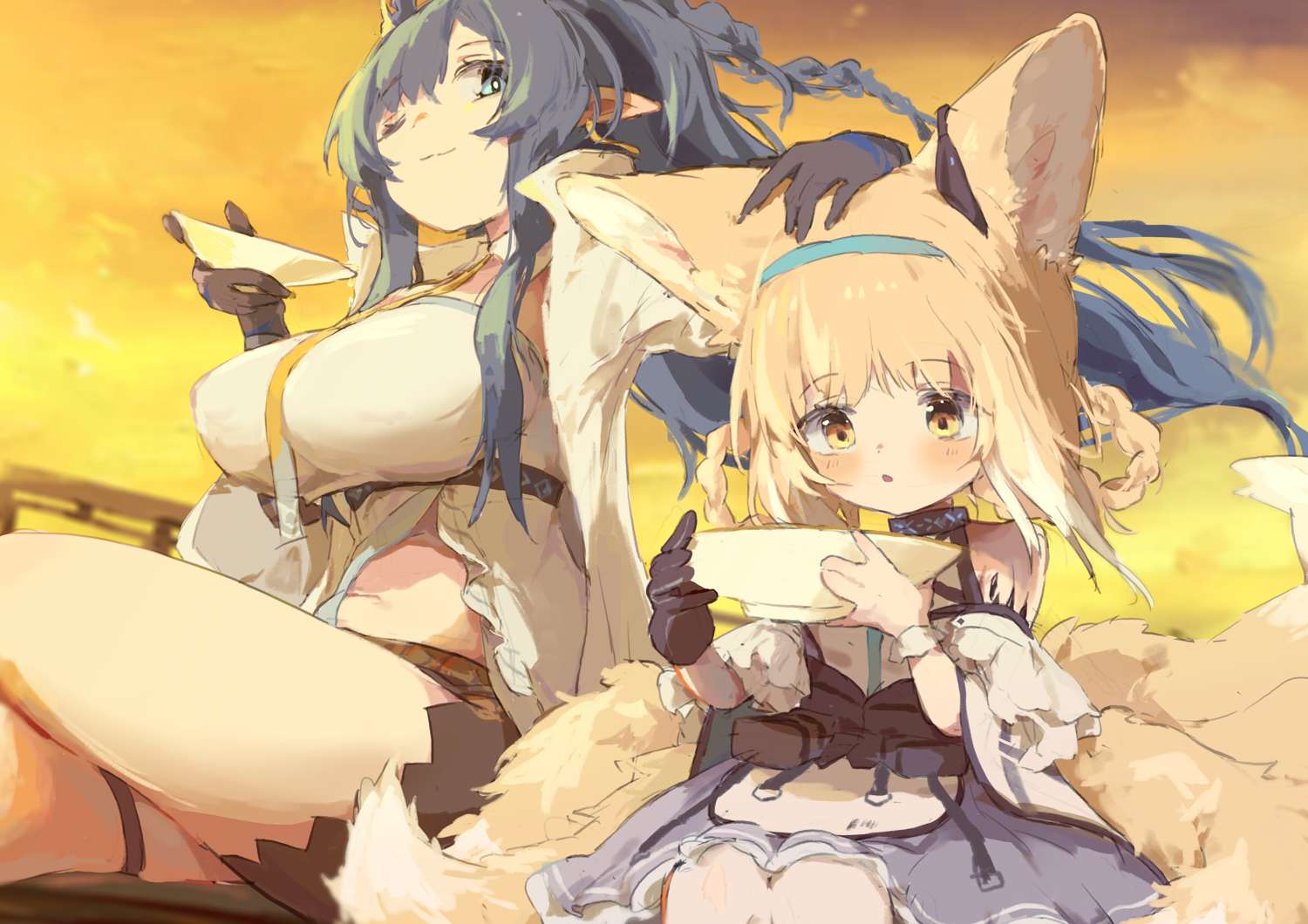 2girls animal_ears arknights bare_shoulders black_gloves blonde_hair blue_eyes blue_hair blue_hairband bowl braid braided_hair_rings breasts closed_mouth colored_tips dress fox_ears fox_girl fox_tail gloves hair_rings hairband hand_on_another's_head holding holding_bowl infection_monitor_(arknights) kitsune kyuubi large_breasts ling_(arknights) long_hair looking_at_viewer multicolored_hair multiple_girls multiple_tails one_eye_closed oripathy_lesion_(arknights) parted_lips purple_dress short_hair single_glove suzuran_(arknights) tail twin_braids two-tone_hair unitedunti white_hair yellow_eyes