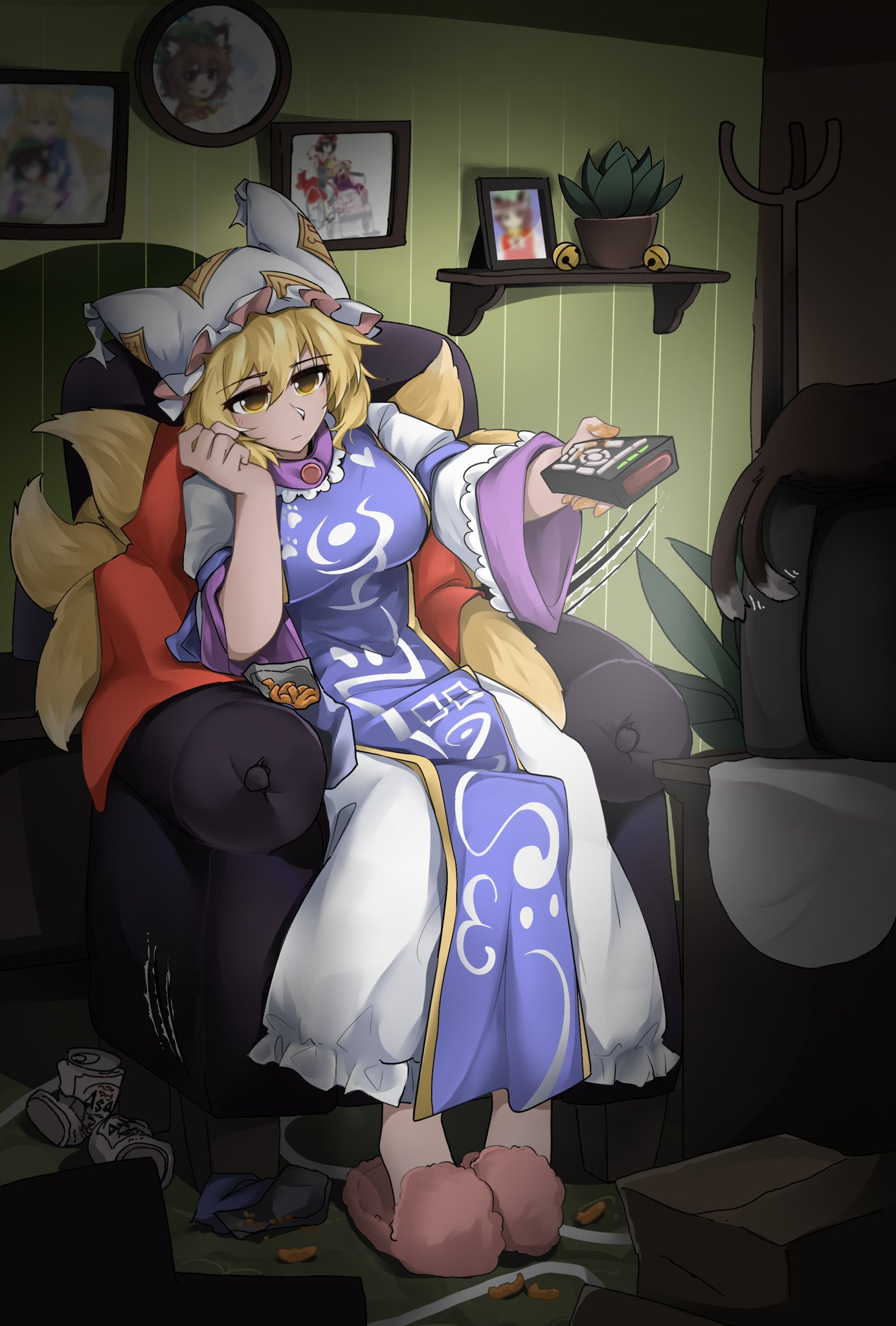animal_ears armchair blonde_hair blue_tabard chair chen chen_(cat) controller dress fox_ears fox_tail hat highres holding holding_remote_control mob_cap multiple_tails photo_(object) plant potted_plant remote_control sitting slippers statisticstater tabard tail touhou two_tails white_dress wide_sleeves yakumo_ran yellow_eyes