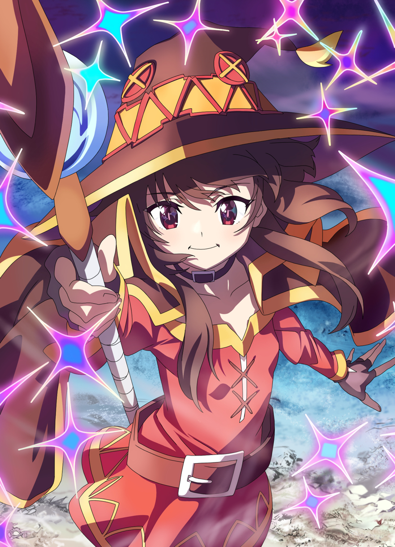 1girl belt black_cape blush breasts brown_hair button_eyes cape commission derivative_work dress fingerless_gloves gloves hat holding holding_staff kono_subarashii_sekai_ni_shukufuku_wo! long_hair looking_at_viewer megumin outdoors red_dress red_eyes short_hair_with_long_locks single_thighhigh small_breasts smile solo staff thigh-highs witch_hat yuuri-622