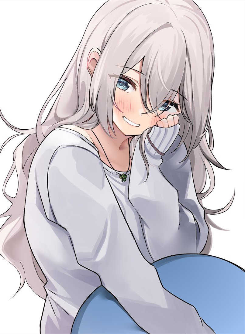 1girl blue_eyes blush commentary_request crossed_bangs double-parted_bangs grey_hair grey_sweater grin hair_between_eyes hair_intakes head_rest jewelry long_hair long_sleeves looking_at_viewer necklace original puffy_long_sleeves puffy_sleeves ry_thae sanyu_(ry_thae) simple_background sleeves_past_wrists smile solo sweater upper_body white_background