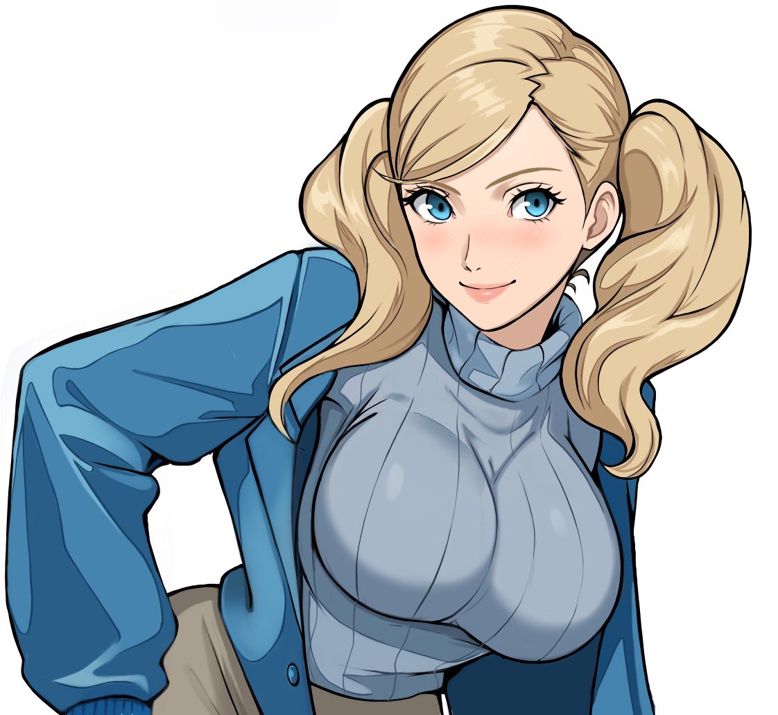 1girl blonde_hair blue_eyes blue_jacket breasts closed_mouth jacket large_breasts lepypepy persona persona_5 ribbed_sweater simple_background smile solo sweater takamaki_anne turtleneck turtleneck_sweater twintails upper_body white_background