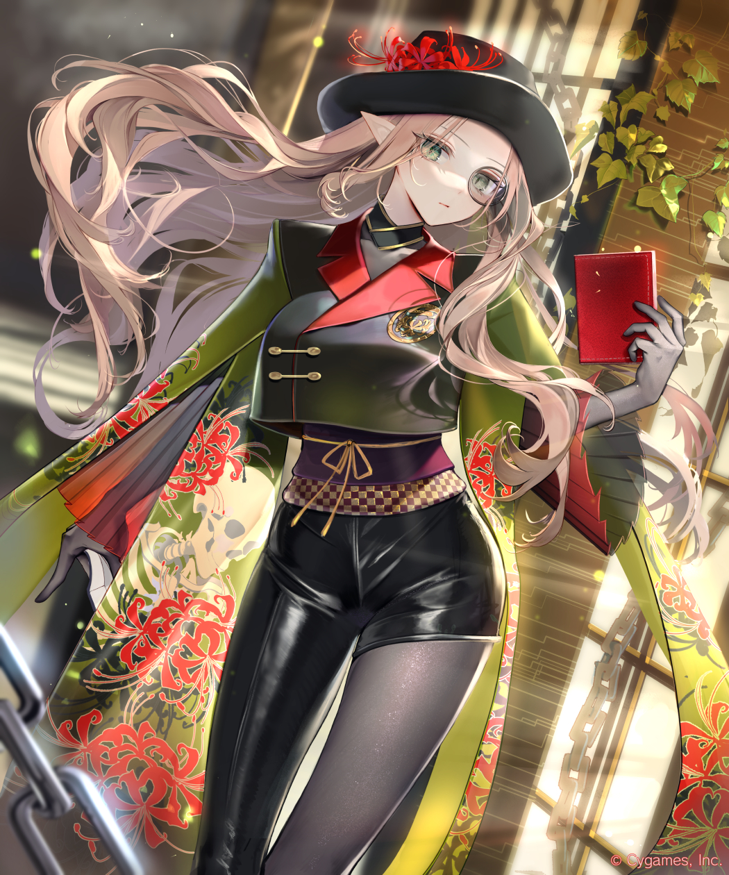 1girl book breasts brown_hair building capelet chain closed_mouth curvy elf fedora floral_print flower green_eyes hand_up hat high_collar highres holding holding_book japanese_clothes kouyafu large_breasts leggings long_hair monocle narrow_waist obi official_art pointy_ears print_shirt red_flower ribbon sash shadowverse shirt skeleton_print skin_tight sliding_doors solo verdant_lieutenant_(shadowverse) very_long_hair wide_hips wide_sleeves yellow_ribbon