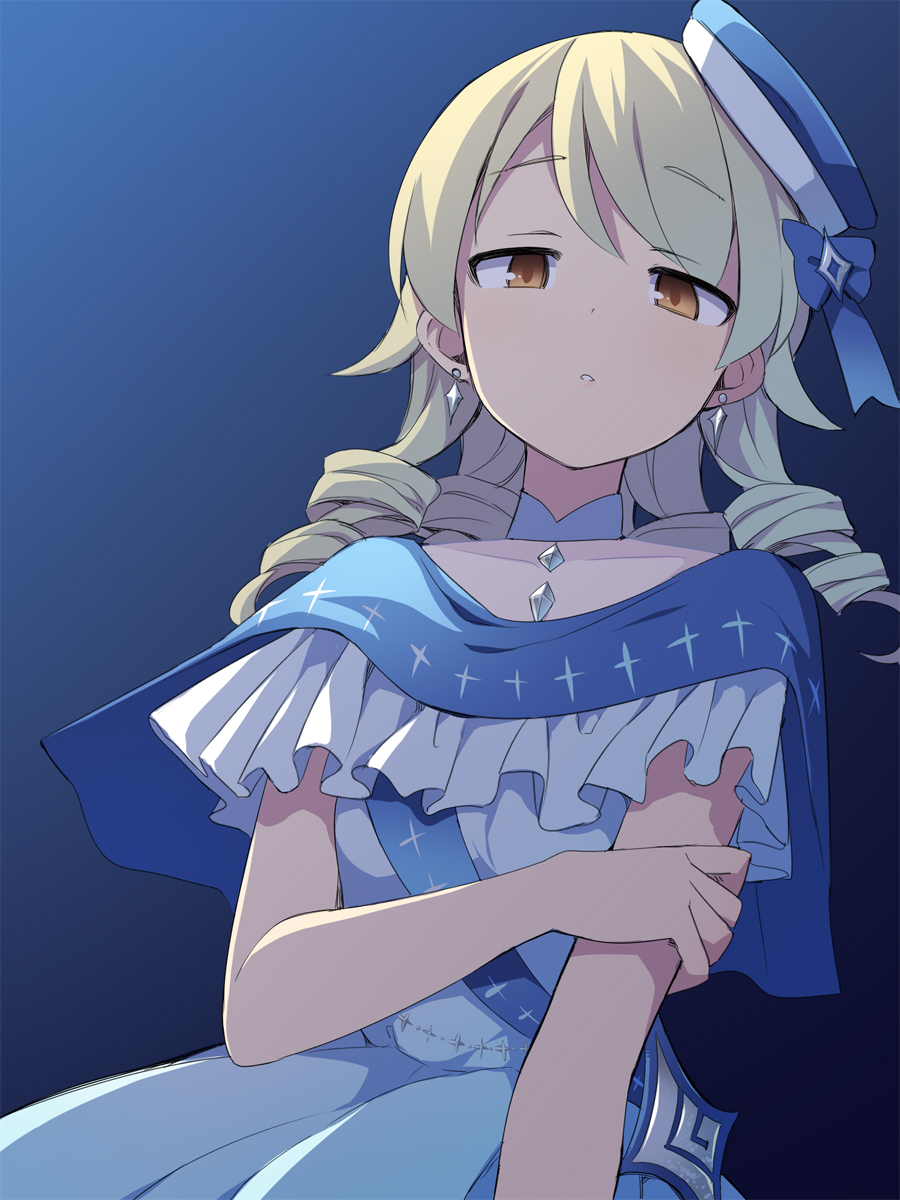 1girl black_background blue_background blue_bow blue_dress blue_headwear bow brown_eyes brown_hair covered_collarbone dress earrings frills gradient_background highres idolmaster idolmaster_cinderella_girls jewelry long_hair looking_at_viewer morikubo_nono parted_lips ringlets solo stud_earrings tilted_headwear uccow
