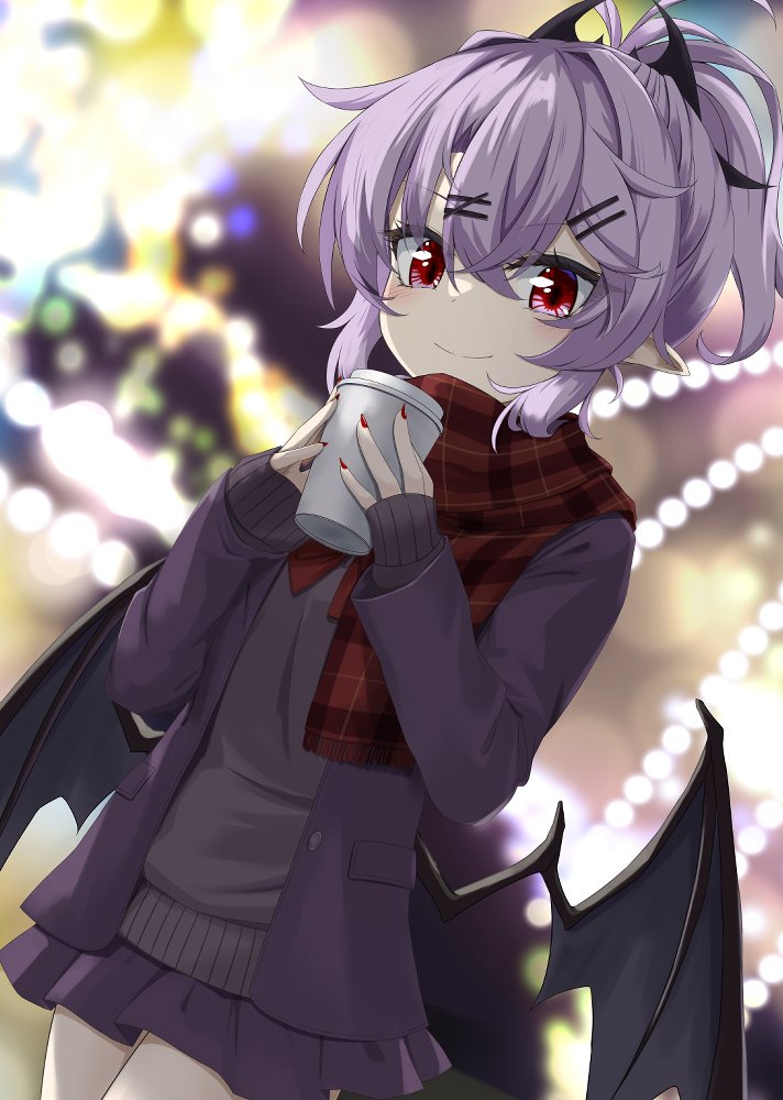1girl akisome_hatsuka alternate_costume alternate_hairstyle cup jacket miniskirt pleated_skirt ponytail purple_hair red_eyes red_scarf remilia_scarlet scarf skirt slit_pupils smile solo sweater touhou
