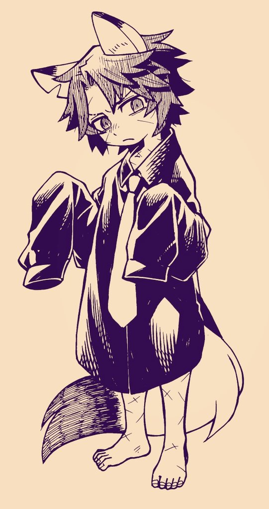 1boy animal_ears barefoot closed_mouth collared_shirt fingernails fox_ears fox_tail full_body heathcliff_(project_moon) limbus_company male_focus necktie oversized_clothes parted_bangs project_moon scar scar_on_face shirt solo tail touma_rui