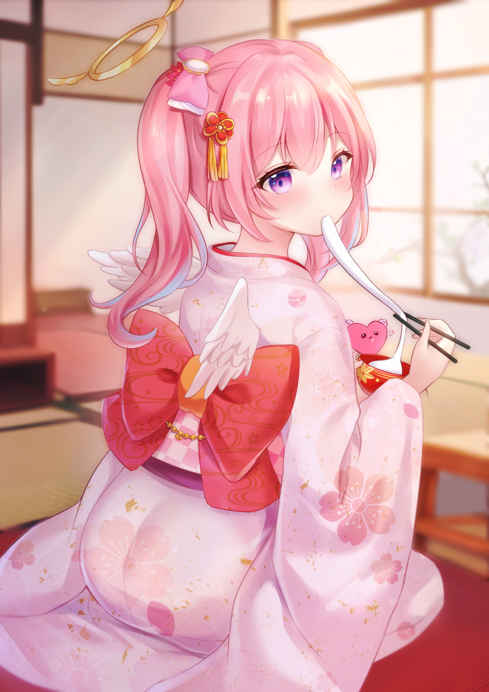 1girl angel_wings blurry blurry_background blush bow bowl checkered_sash chopsticks commentary_request commission depth_of_field eating feathered_wings floral_print food hair_between_eyes halo holding holding_bowl holding_chopsticks indie_virtual_youtuber indoors japanese_clothes kimono long_hair long_sleeves looking_at_viewer looking_back mashiro_mayu mini_wings mochi mochi_trail nikoo obi pink_hair pixiv_commission print_kimono red_bow sash solo twintails violet_eyes virtual_youtuber white_kimono white_wings wide_sleeves wings