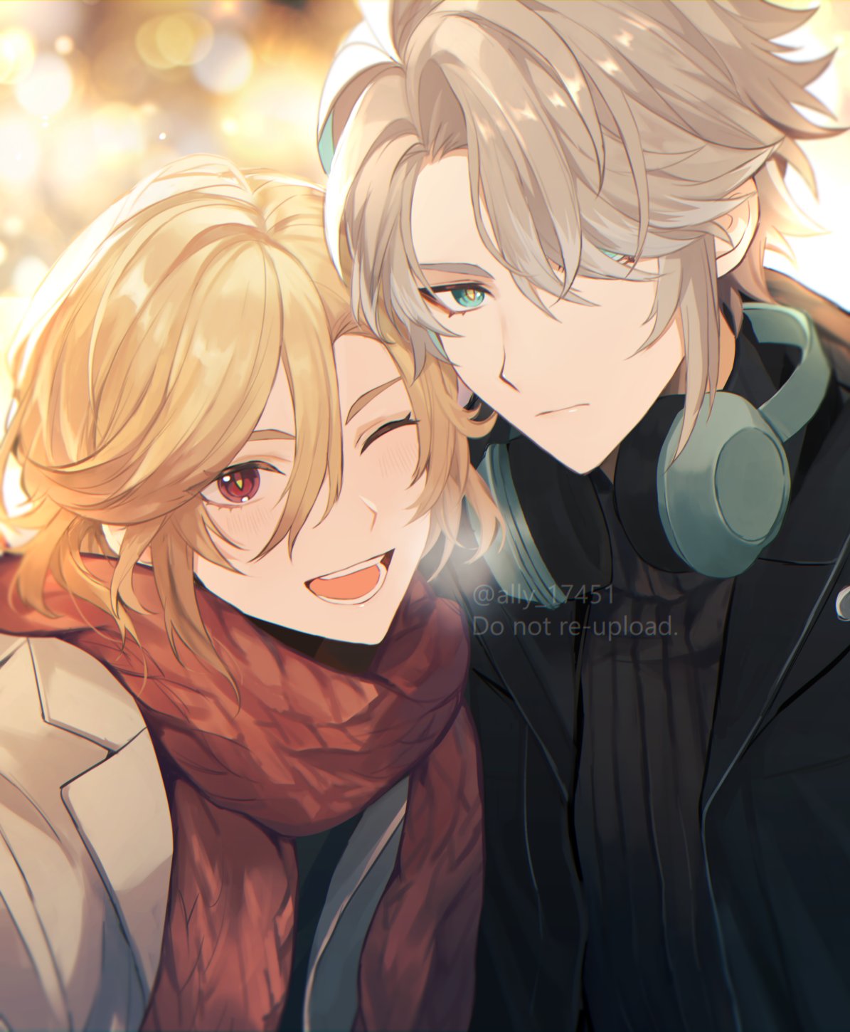 2boys ;d alhaitham_(genshin_impact) ari_(bleum) artist_name black_jacket black_sweater blonde_hair blurry blurry_background breath brown_jacket closed_mouth commentary_request expressionless genshin_impact green_eyes grey_hair hair_between_eyes hair_over_one_eye headphones headphones_around_neck highres jacket kaveh_(genshin_impact) lapels lens_flare long_hair looking_at_viewer male_focus multiple_boys one_eye_closed open_clothes open_jacket open_mouth parted_bangs red_eyes red_scarf ribbed_sweater scarf short_hair smile sweater swept_bangs teeth tongue twitter_username upper_body watermark